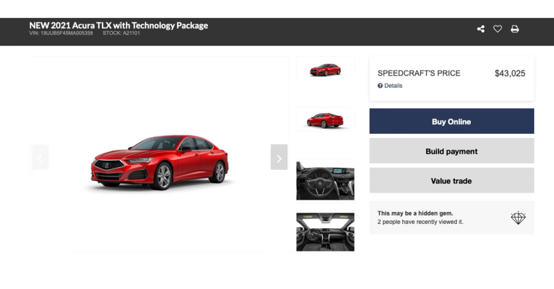 Screenshot of a 2021 red Acura TLX car advertisement with price and purchasing options.