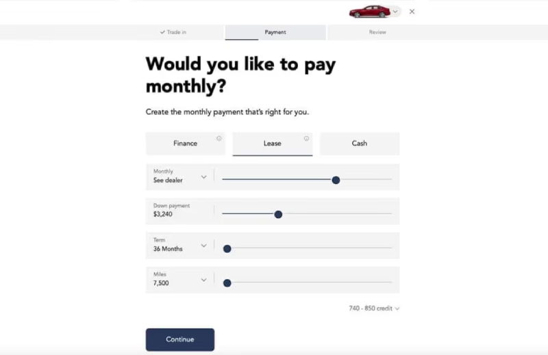 A car lease payment calculator showing options for monthly, down payment, term, and miles.